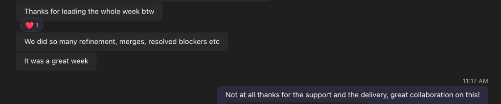 Lovely teams message from a fellow engineer